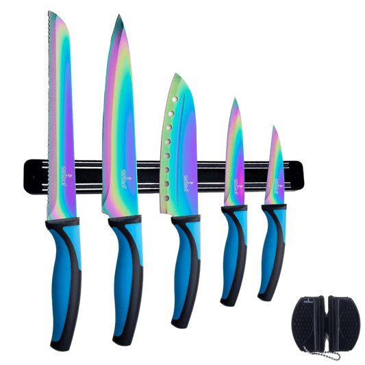Colorful iridescent kitchen knife set kit with blue handles, black magnetic rack and sharpener