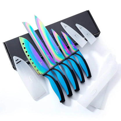 Iridescent blade kitchen knife set with blue and black handles, covers, and magnetic rack