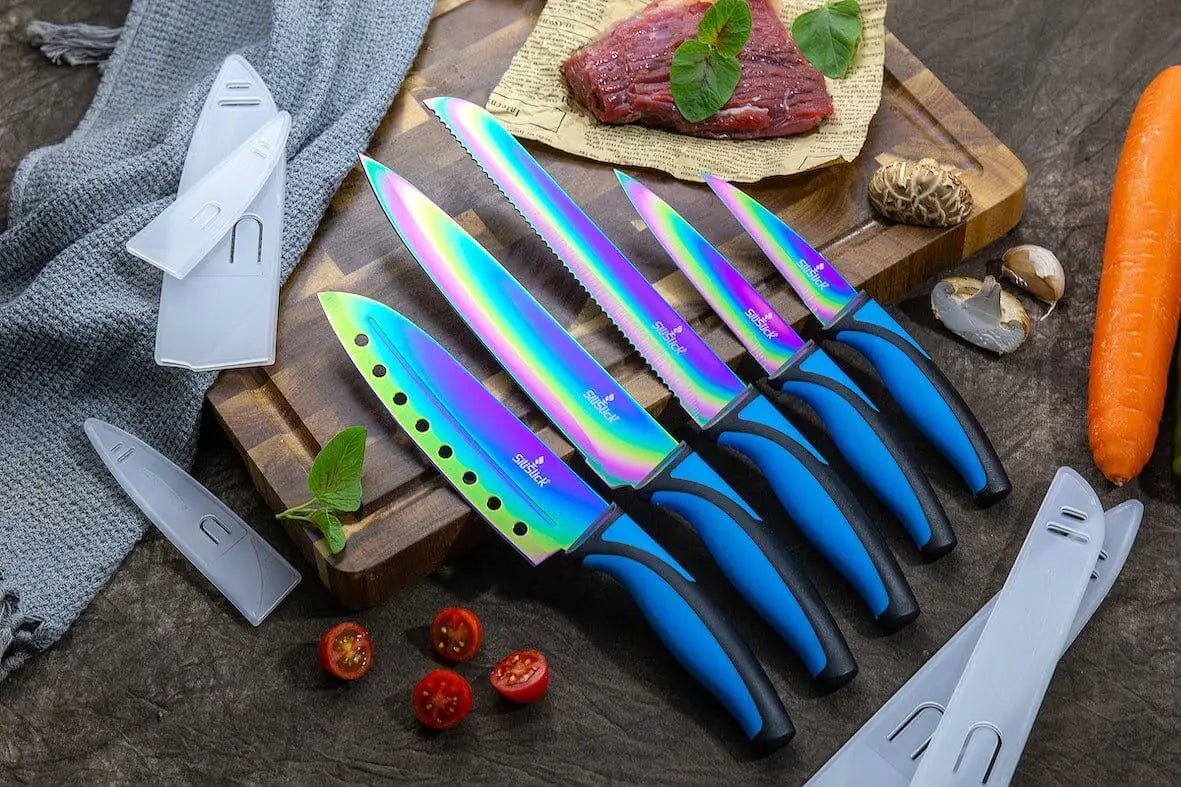 Iridescent rainbow-colored kitchen knife set kit with blue handles, black magnetic rack