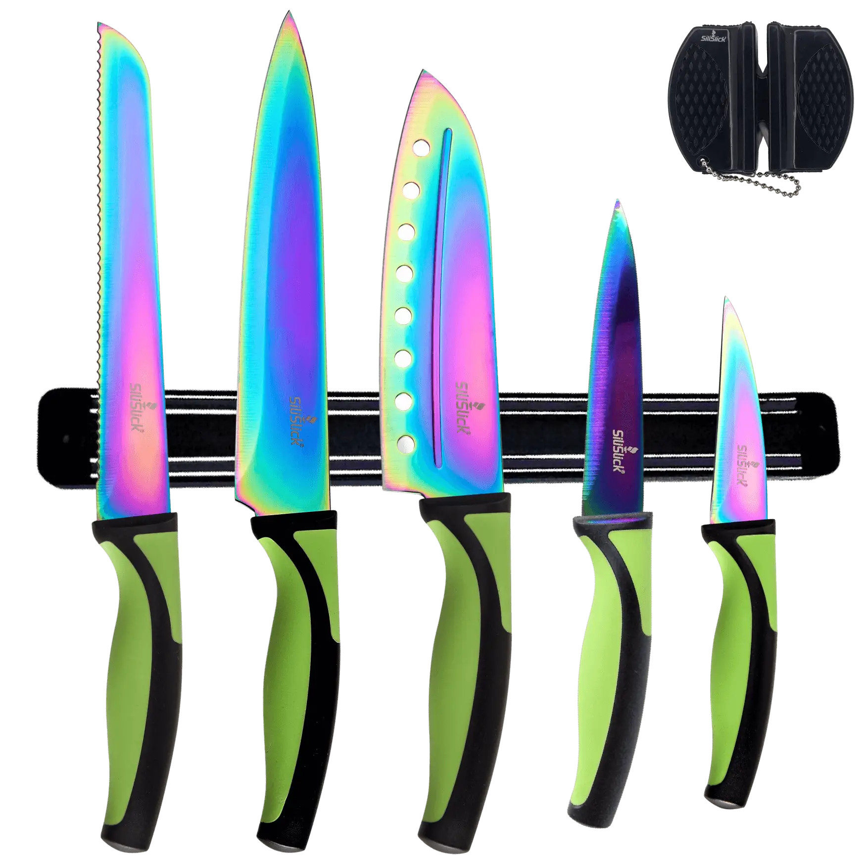 Iridescent green and black handled knives on magnetic rack in Kitchen Knife Set Kit