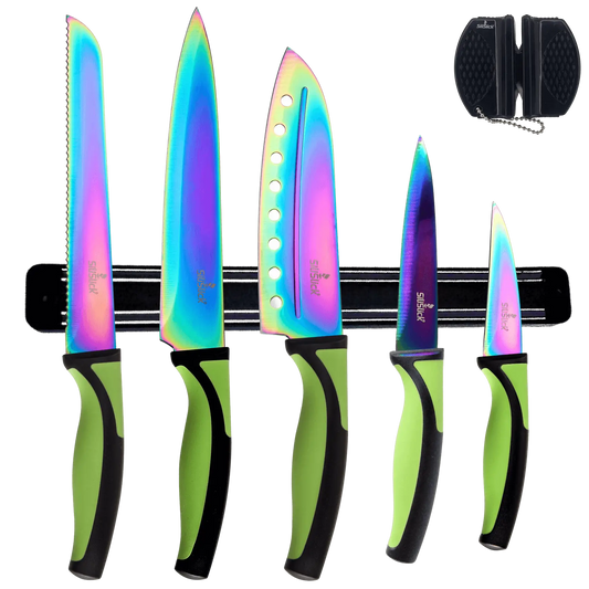 Iridescent green and black handled knives on magnetic rack in Kitchen Knife Set Kit