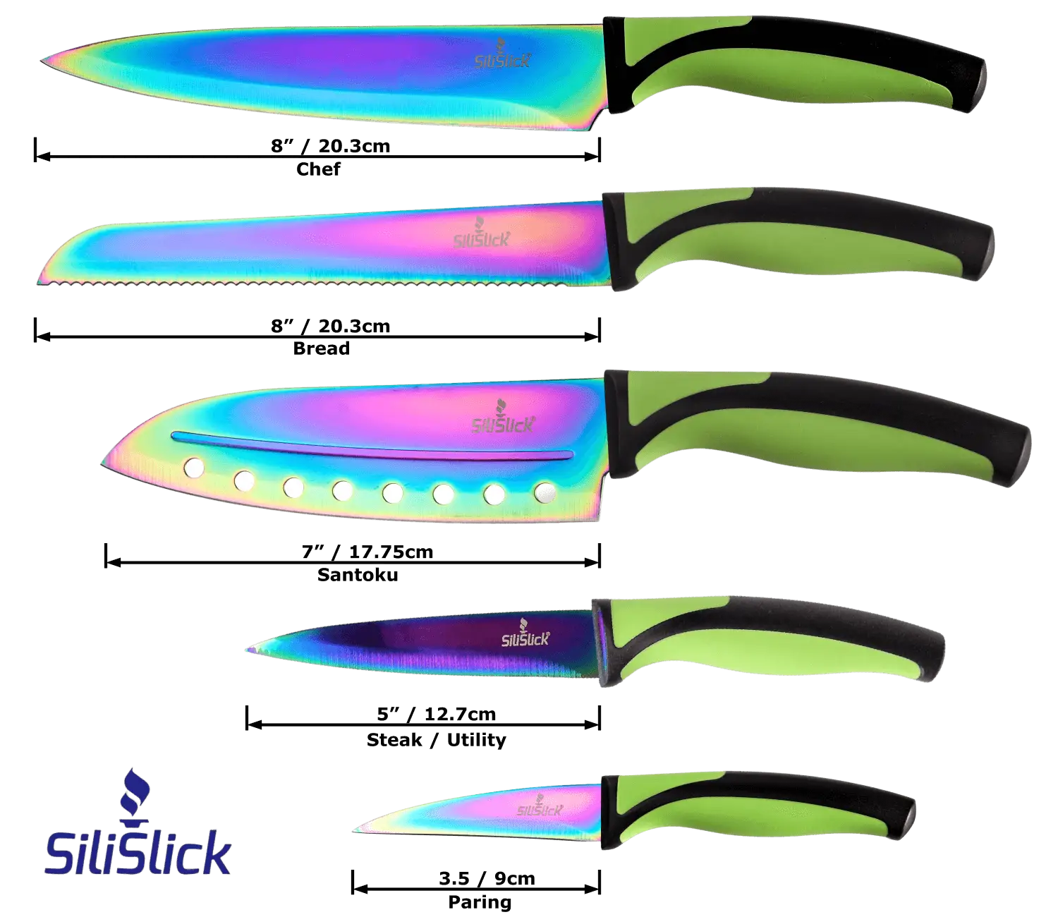 Colorful iridescent kitchen knife set kit with green and black handles on red magnetic rack