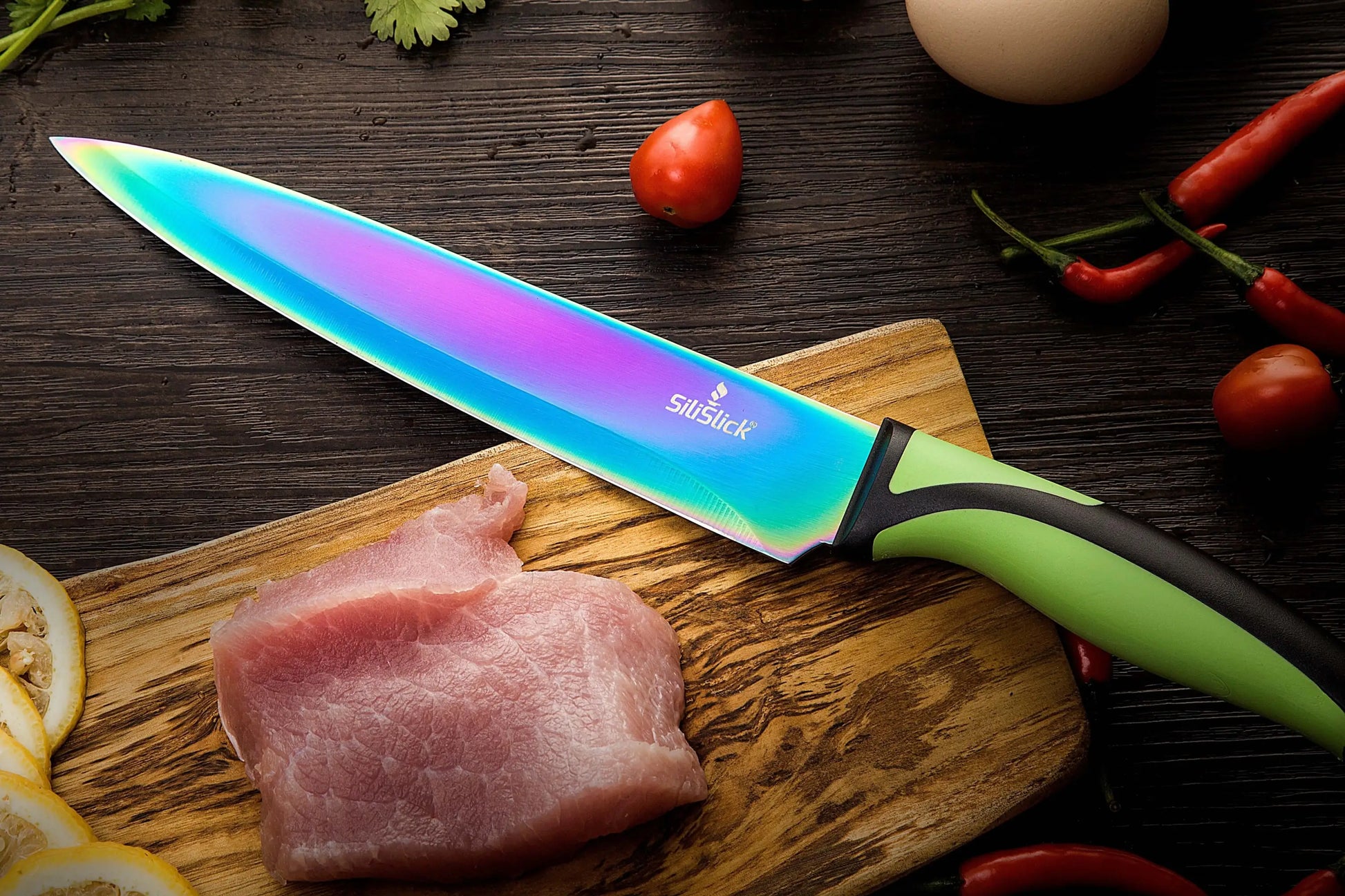 Vibrant rainbow-colored kitchen knife set with green and black handle in knife set kit