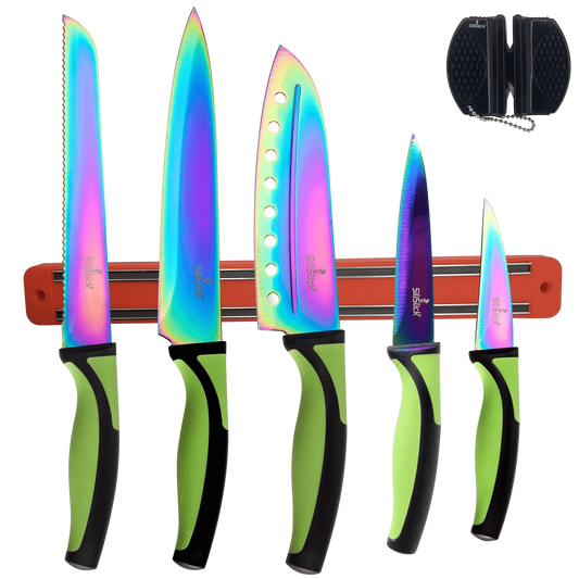 Iridescent rainbow-colored kitchen knife set with green handles on red magnetic rack and sharpener