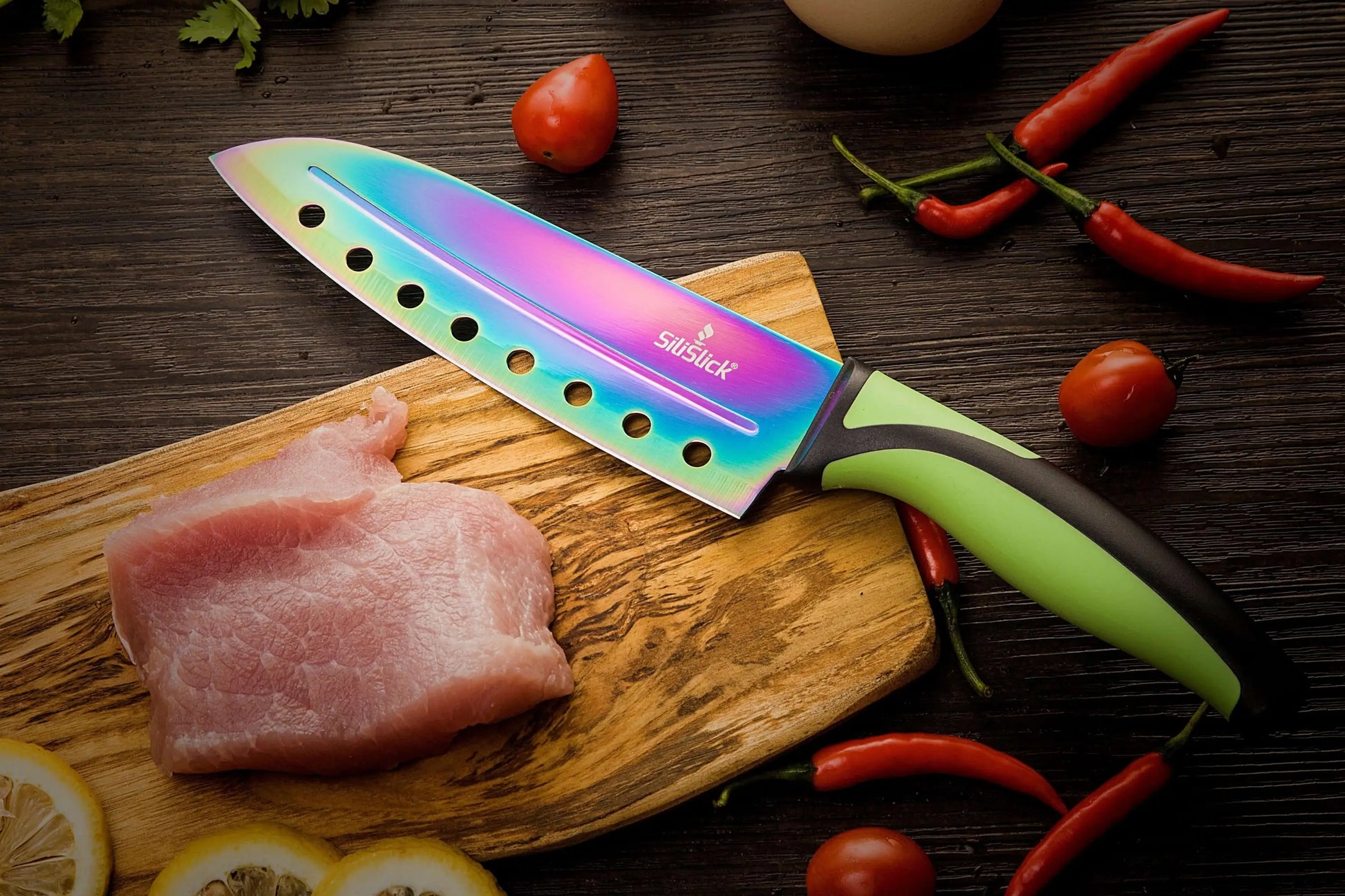Colorful kitchen knife set with green handle and iridescent blade in knife set kit