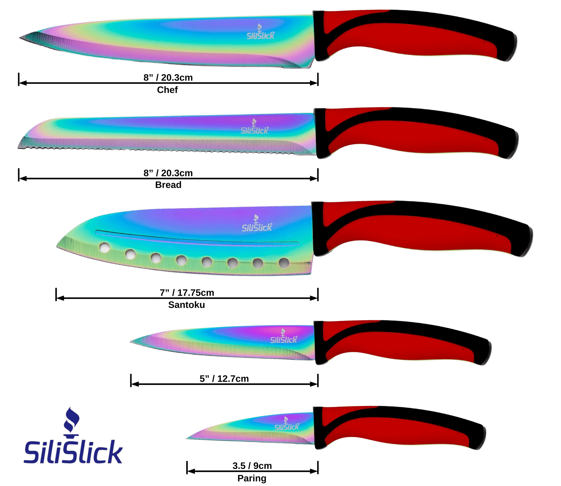 Iridescent blade kitchen knife set with red handles on black magnetic rack