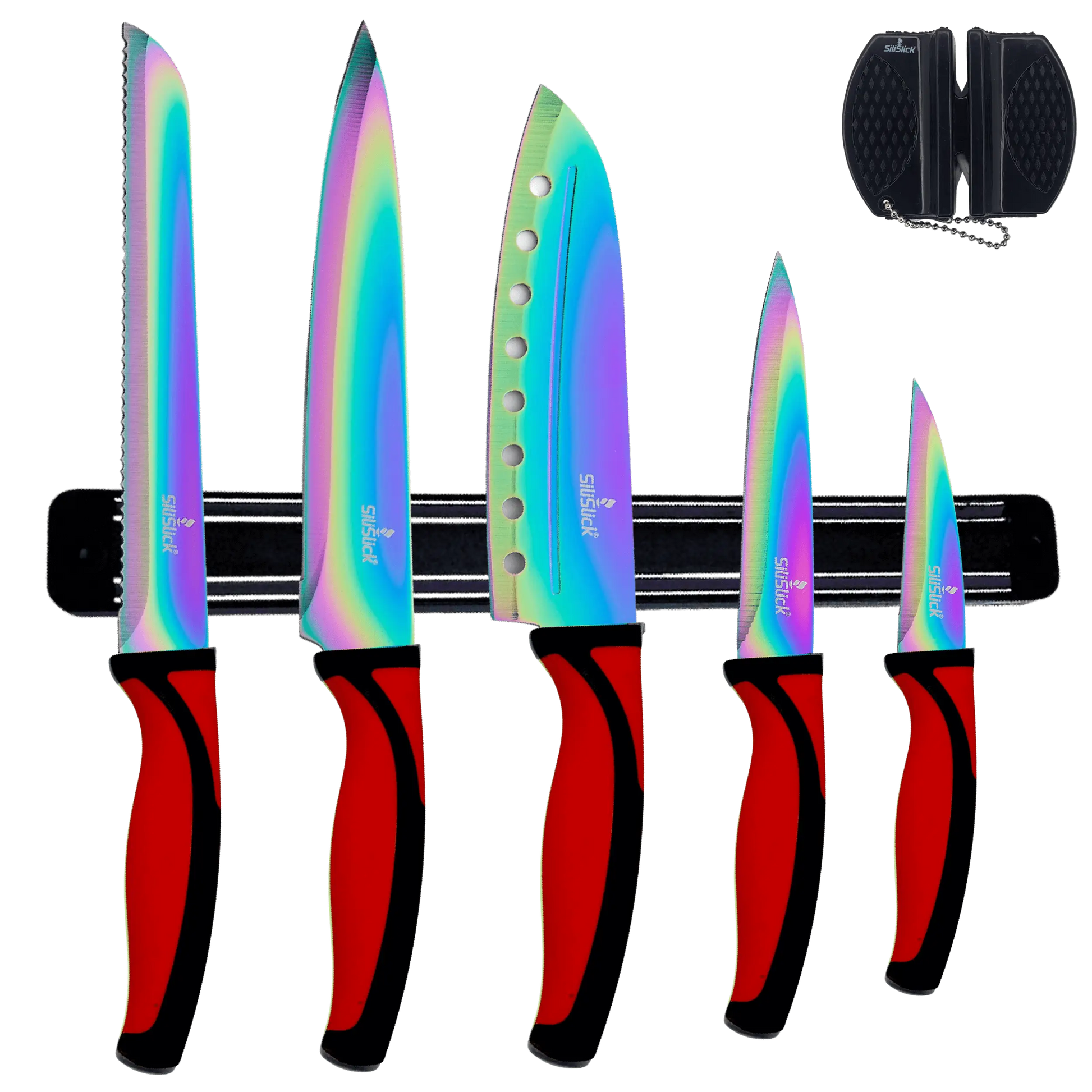 Colorful kitchen knife set kit with red handles on black magnetic rack and sharpener