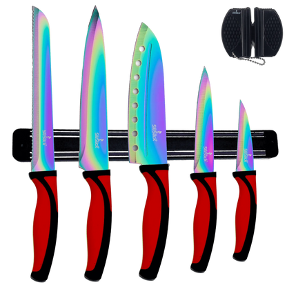 Colorful kitchen knife set kit with red handles on black magnetic rack and sharpener