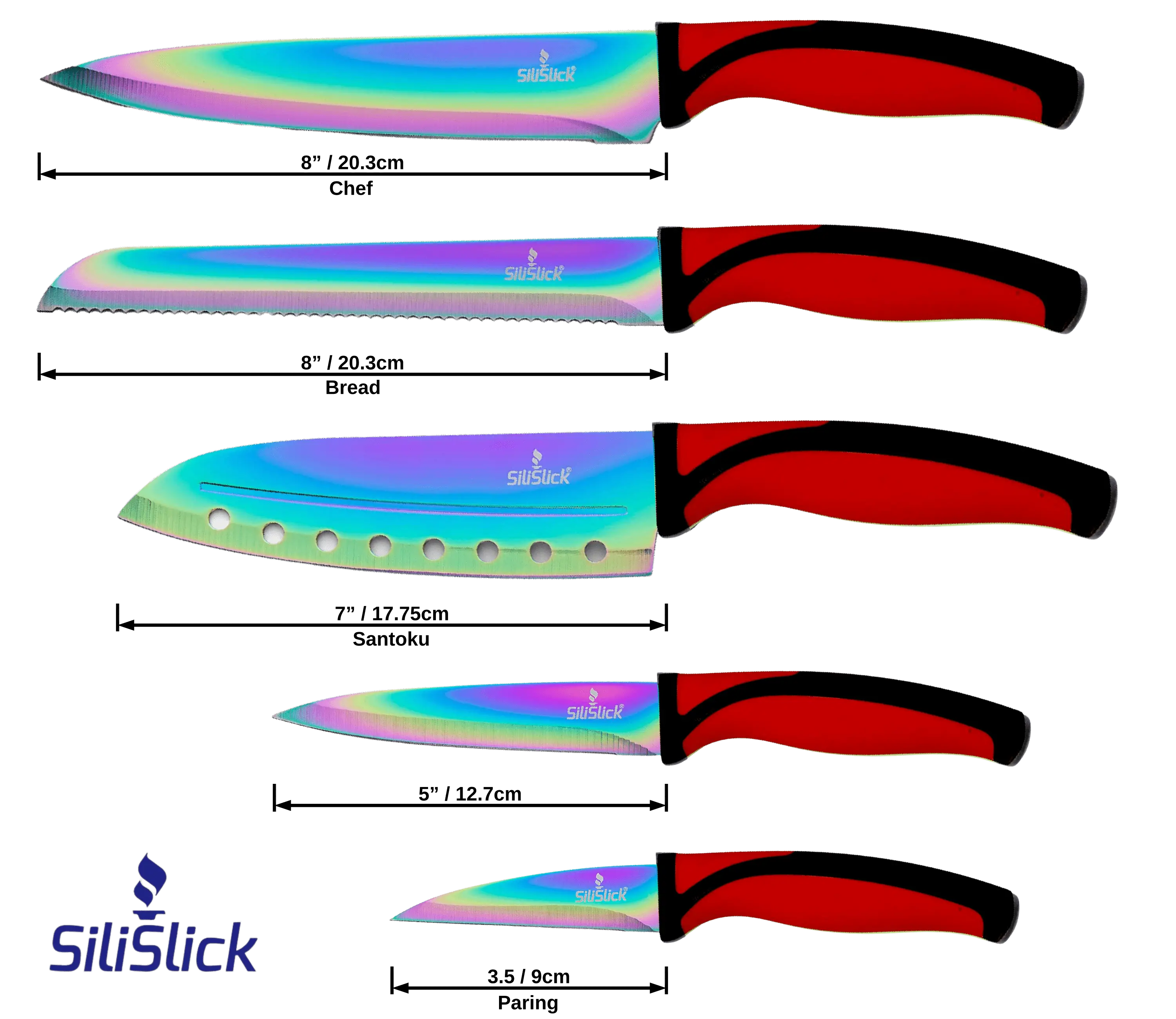 Colorful iridescent kitchen knife set with red handles in a stylish knife set kit