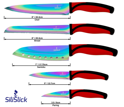 Colorful iridescent kitchen knife set with red handles in a stylish knife set kit