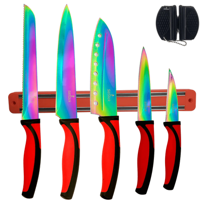 Kitchen Knife Set Kit | Red Handles | Red Magnetic Rack & sharpener - Kitchen & Steak Knives