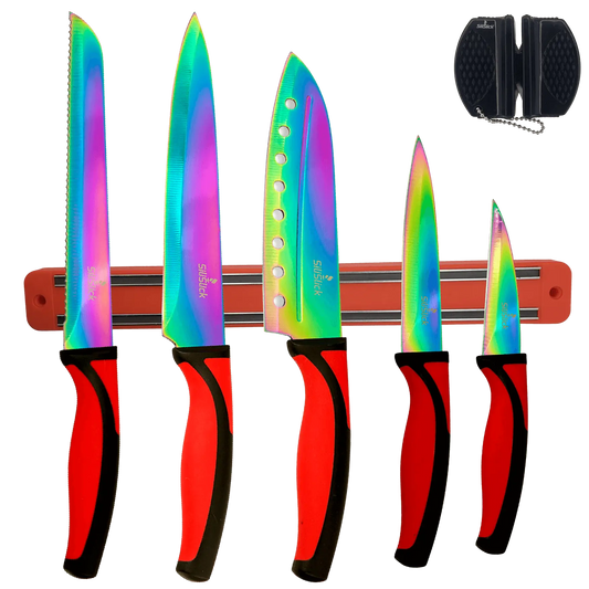 Kitchen Knife Set Kit | Red Handles | Red Magnetic Rack & sharpener - Kitchen & Steak Knives