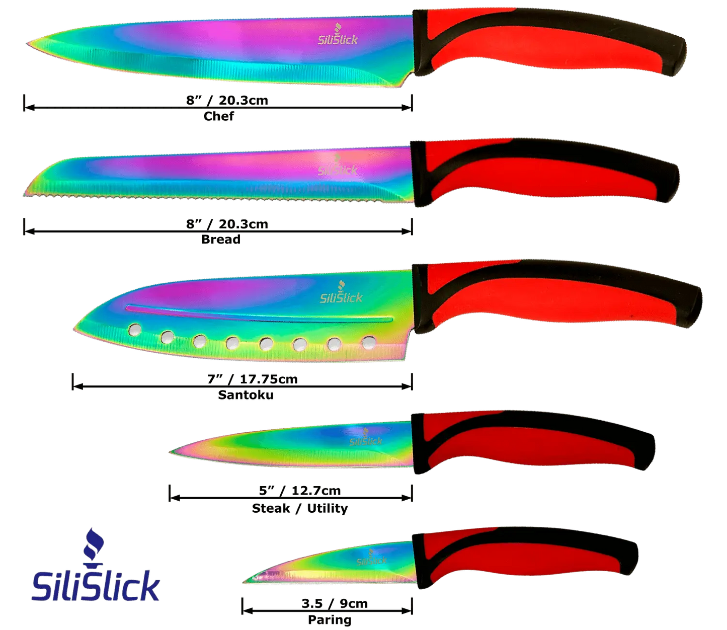 Colorful iridescent kitchen knife set kit with red handles, magnetic rack, and sharpener