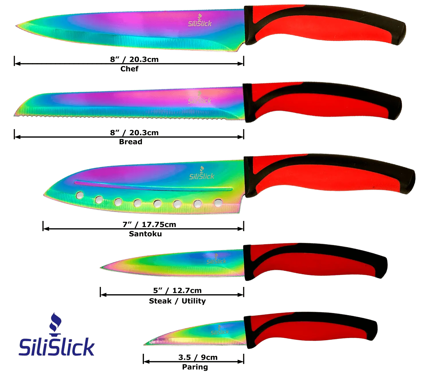 Colorful iridescent kitchen knife set kit with red handles, magnetic rack, and sharpener