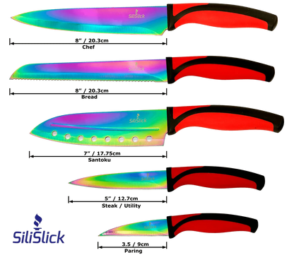 Colorful iridescent kitchen knife set kit with red handles, magnetic rack, and sharpener