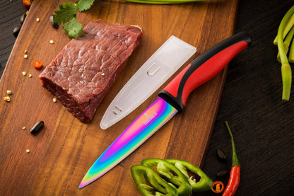 Rainbow iridescent kitchen knife set with red and black handle and clear sheath