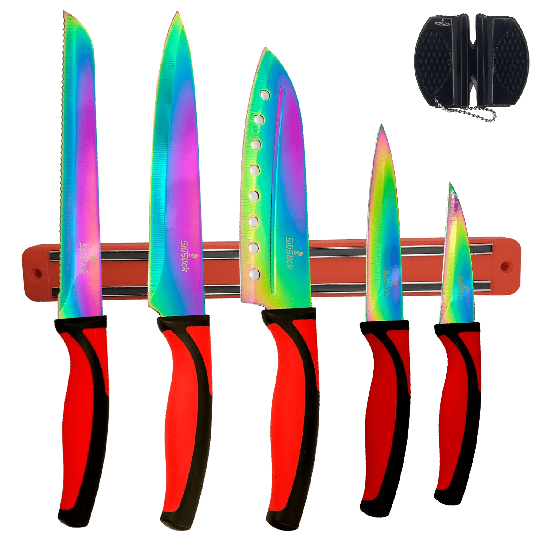 Iridescent rainbow-colored kitchen knife set kit with red handles on magnetic rack and sharpener