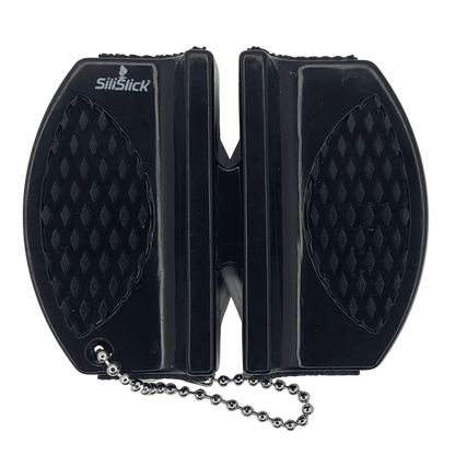 Black compact knife sharpener with textured grip and ball chain for Kitchen Knife Set Kit