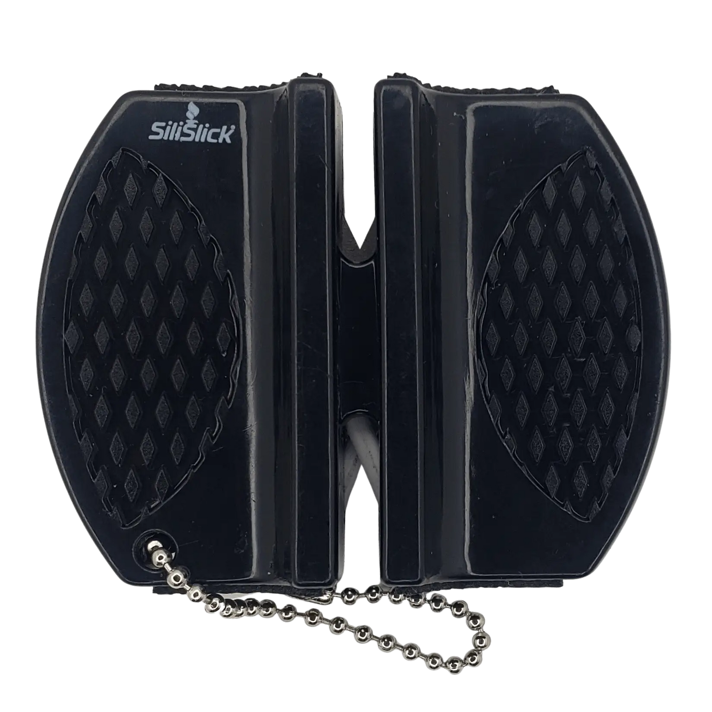 Dark gray compact kitchen knife sharpener with textured grip pads and ball chain lanyard