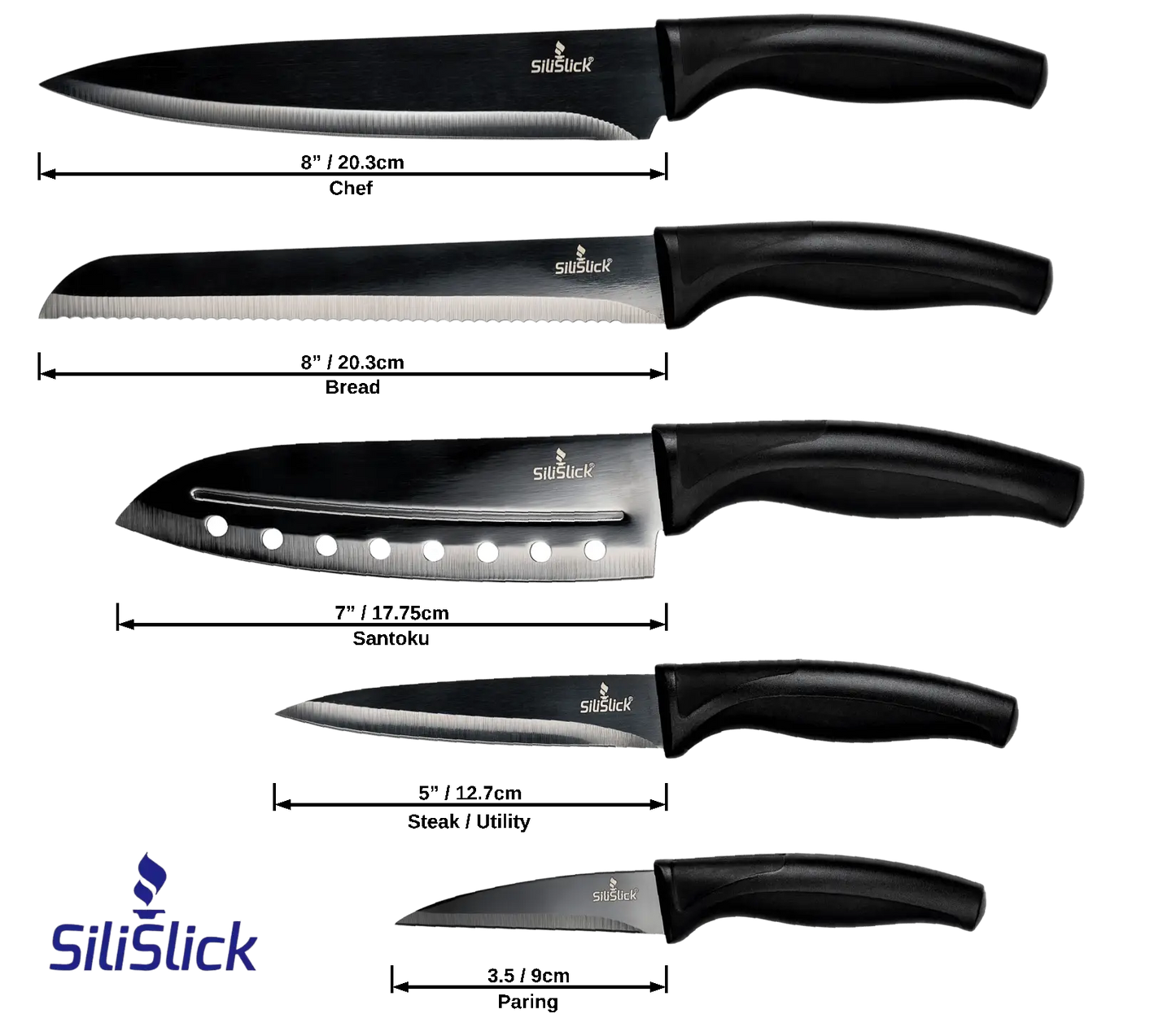 Black-handled kitchen knife set with dark grey blades including chef’s, bread, santoku, utility, and paring knives