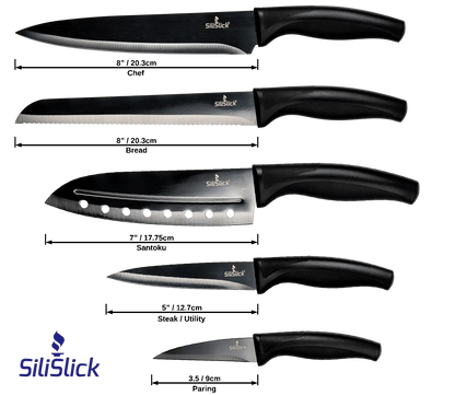 Black-handled kitchen knife set with dark grey blades including chef’s, bread, santoku, utility, and paring knives