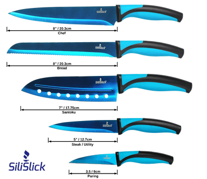 Blue and black kitchen knife set with chef’s, bread, santoku, utility, and paring knives
