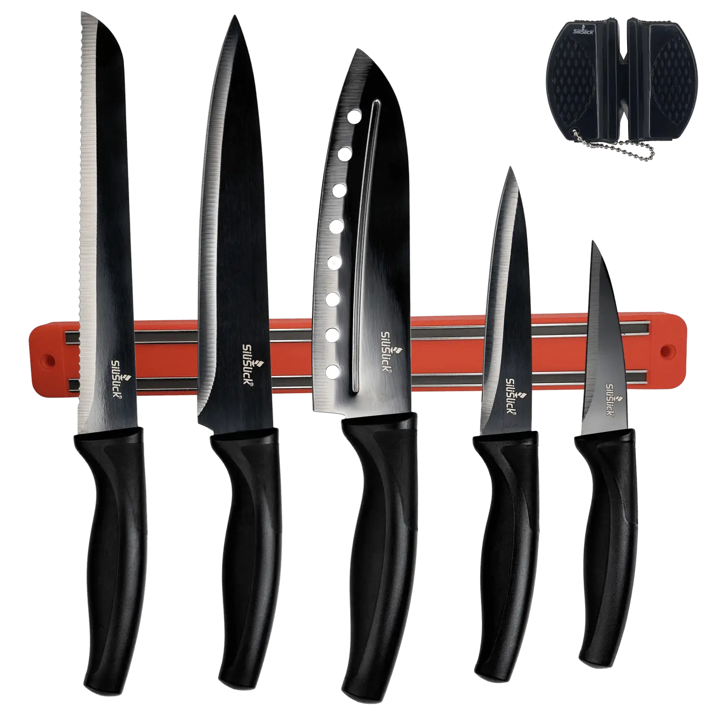 Black-handled kitchen knife set with magnetic rack and portable sharpener in knife set kit