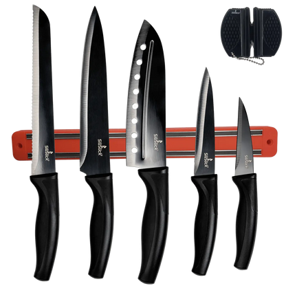 Black-handled kitchen knife set with magnetic rack and portable sharpener in knife set kit