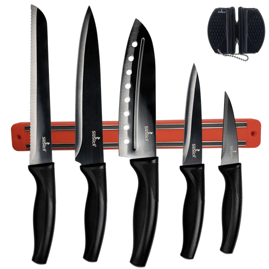 Black-handled kitchen knife set with magnetic rack and portable sharpener in knife set kit