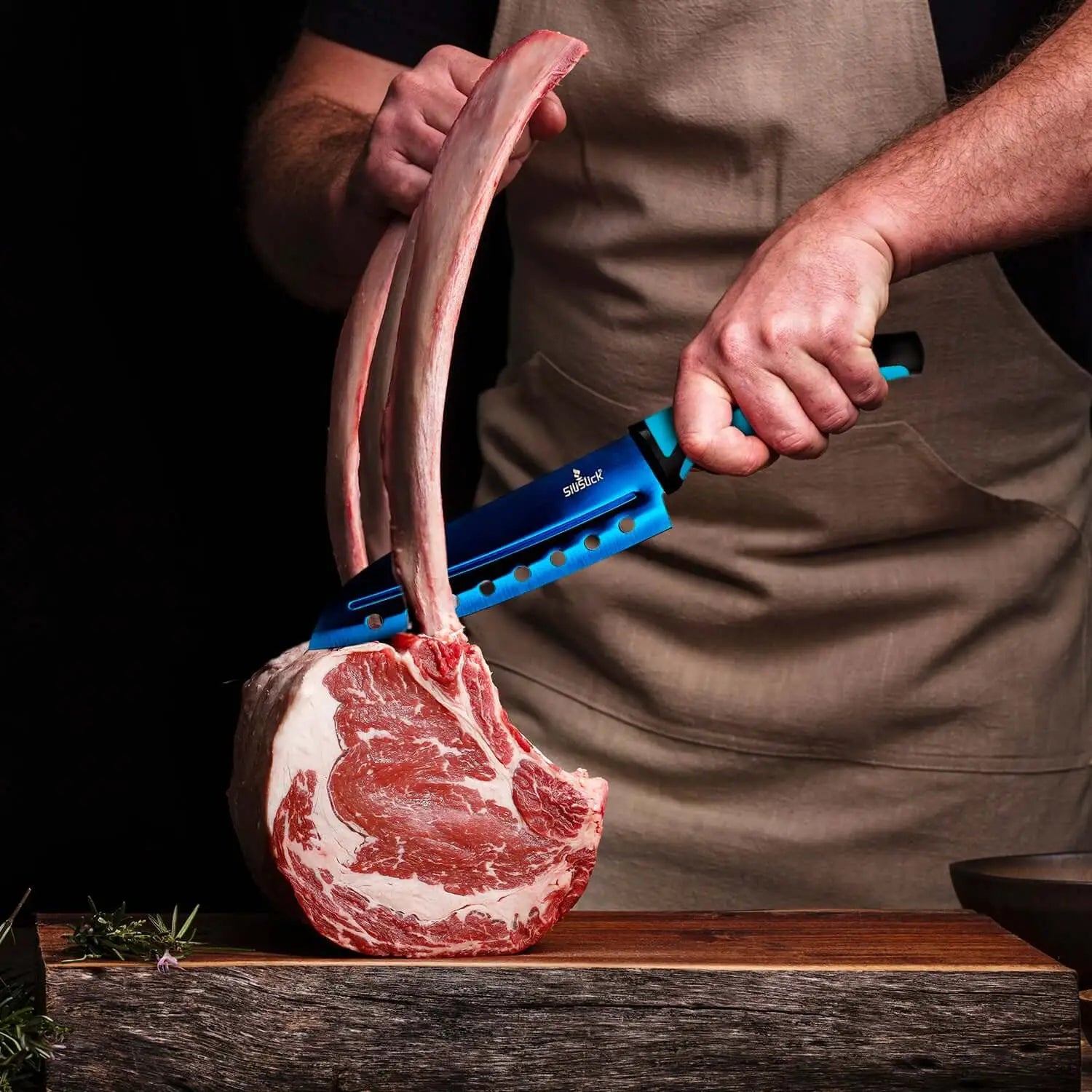 Kitchen knife set tool for separating meat from bones with blue and black handle