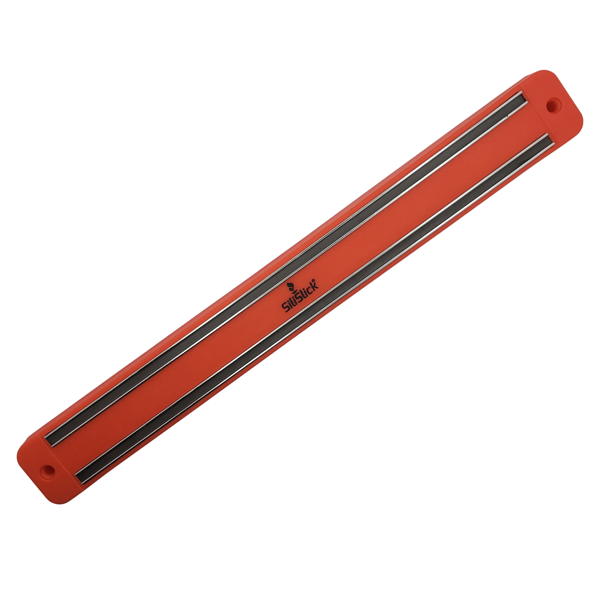 Orange magnetic knife strip with silver bands for kitchen knife set organization