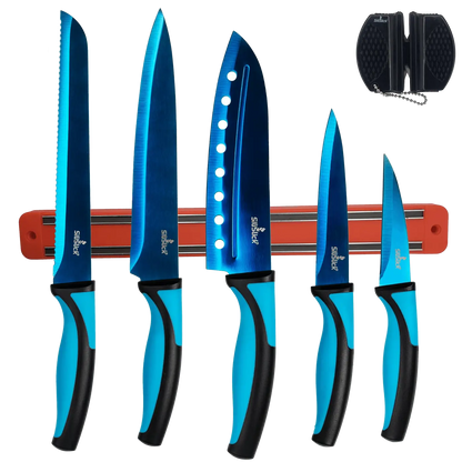 Blue and black kitchen knife set with magnetic rack and sharpener for kitchen use