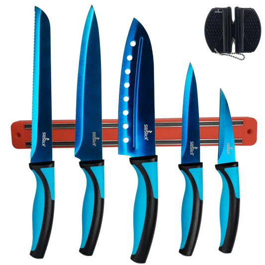 Blue and black kitchen knife set with magnetic rack and sharpener for kitchen use