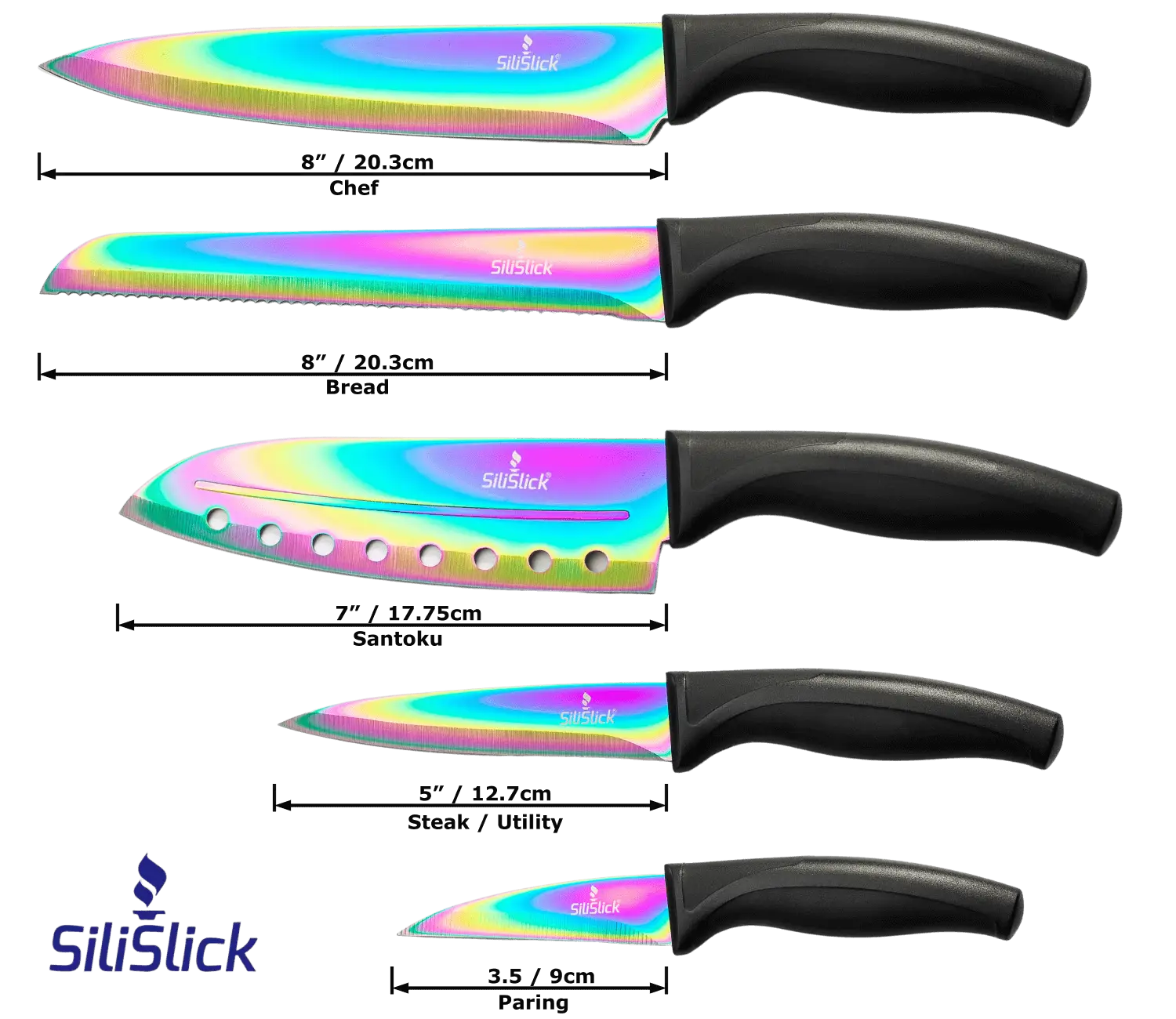 Colorful iridescent kitchen knife set with black handles on red magnetic rack and sharpener