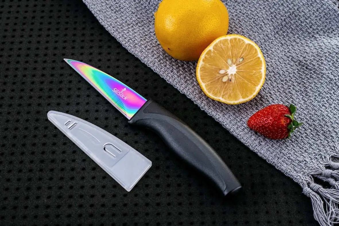 Rainbow-colored kitchen knife from the Knife Set Kit Titanium Coated with black handle