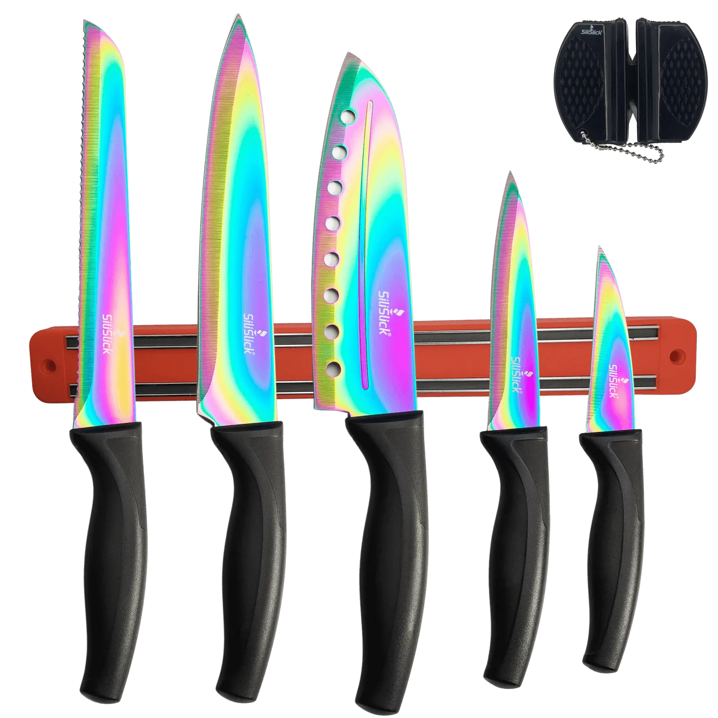 Colorful iridescent kitchen knife set with black handles on magnetic rack and sharpener