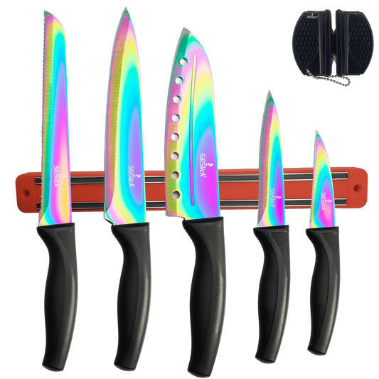 Colorful iridescent kitchen knife set with black handles on magnetic rack and sharpener