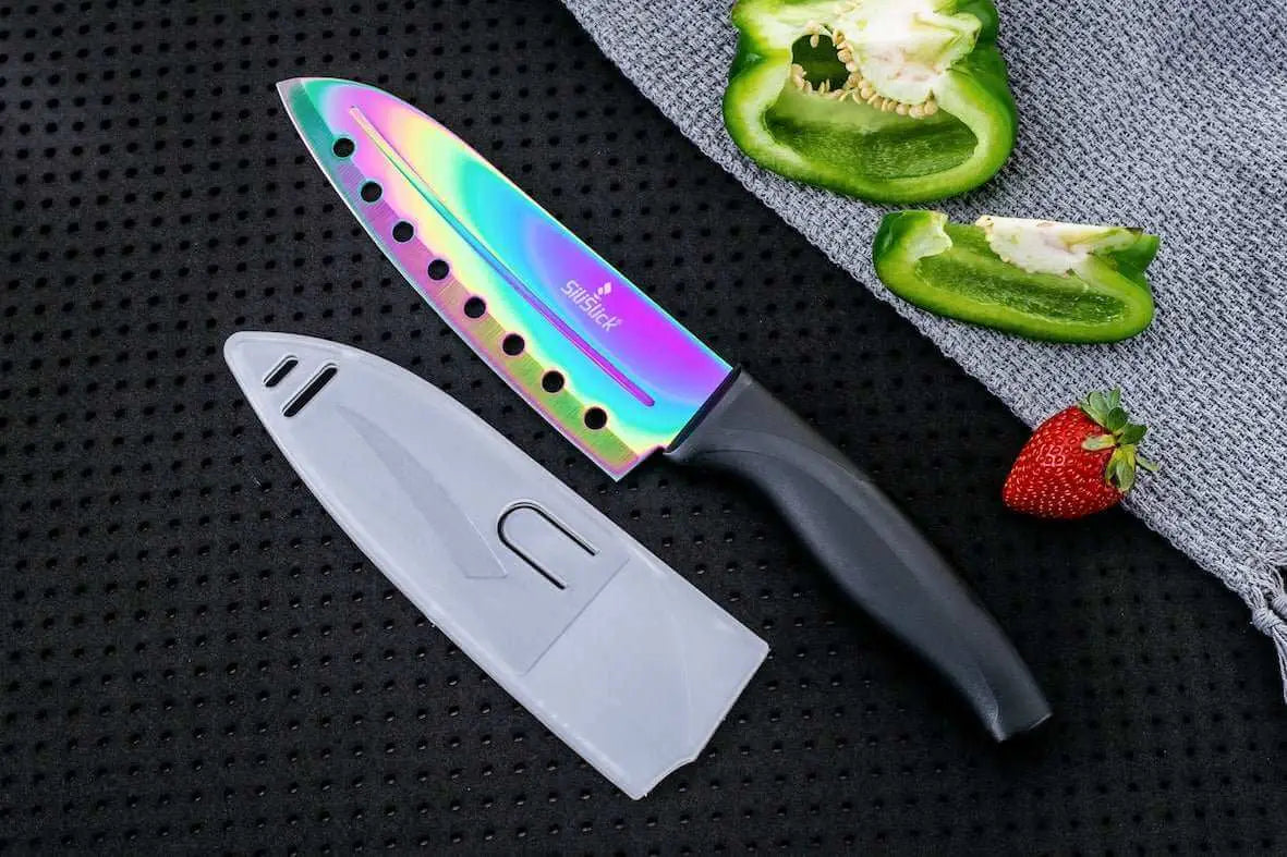 Rainbow-colored kitchen knife from Kitchen Knife Set Kit Titanium Coated with sheath