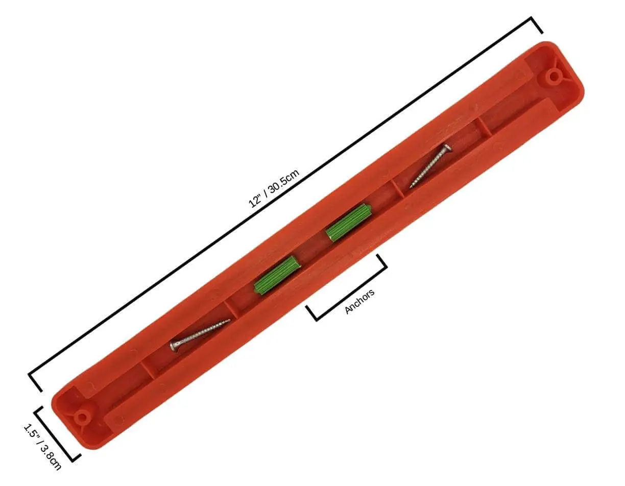 Red plastic wall-mounted tool holder with anchors for kitchen knife set and accessories