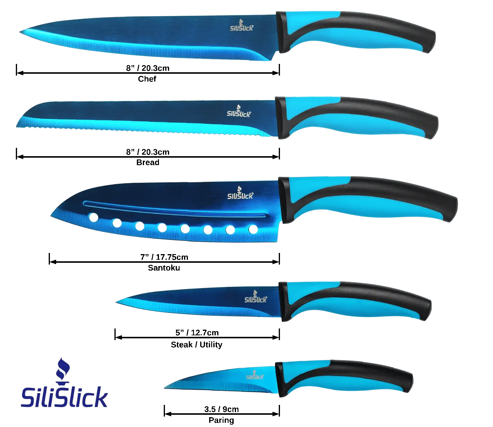 Blue and black stainless steel kitchen knife set with ergonomic handles