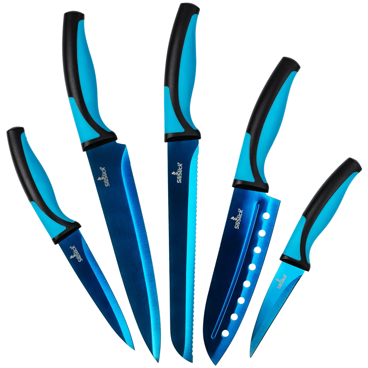 Blue and black stainless steel kitchen knife set with ergonomic handles