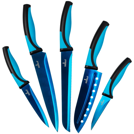 Blue and black stainless steel kitchen knife set with ergonomic handles