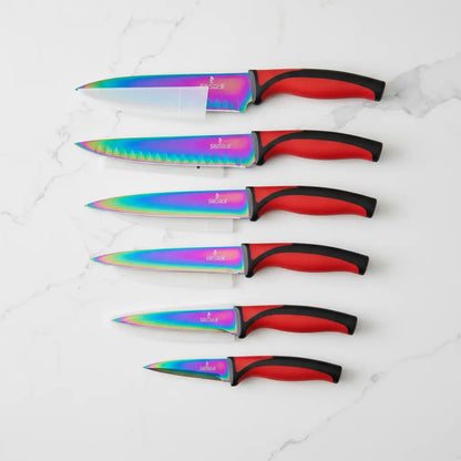 Kitchen Knife Set - Titanium Coated Blades - Red Handles - Kitchen Knife Set