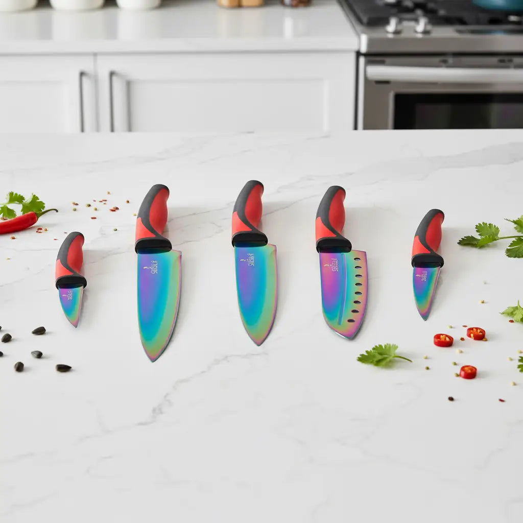 Kitchen Knife Set - Titanium Coated Blades - Red Handles - Kitchen Knife Set