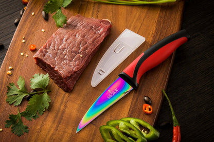 Colorful iridescent steel kitchen knife with red handle and translucent blade cover in knife set