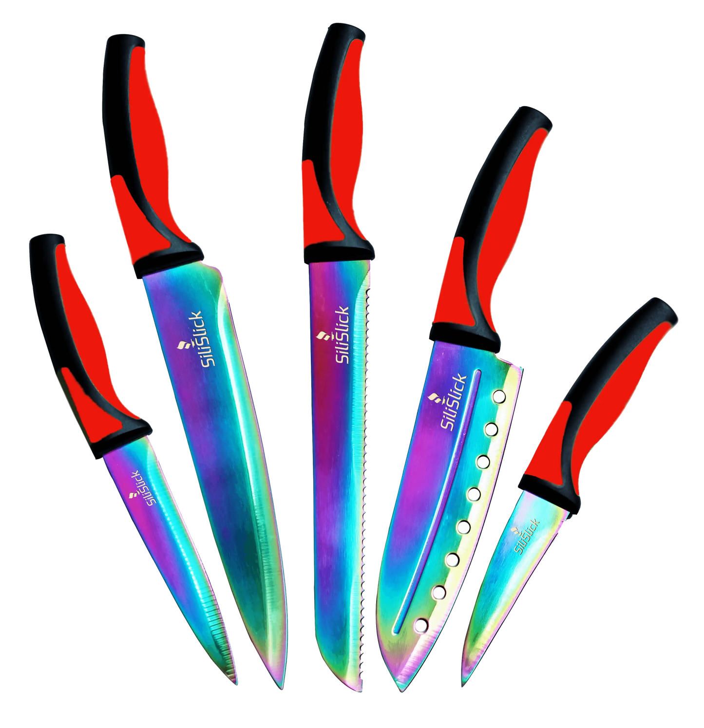 Colorful kitchen knife set with titanium coated blades and red handles for food prep