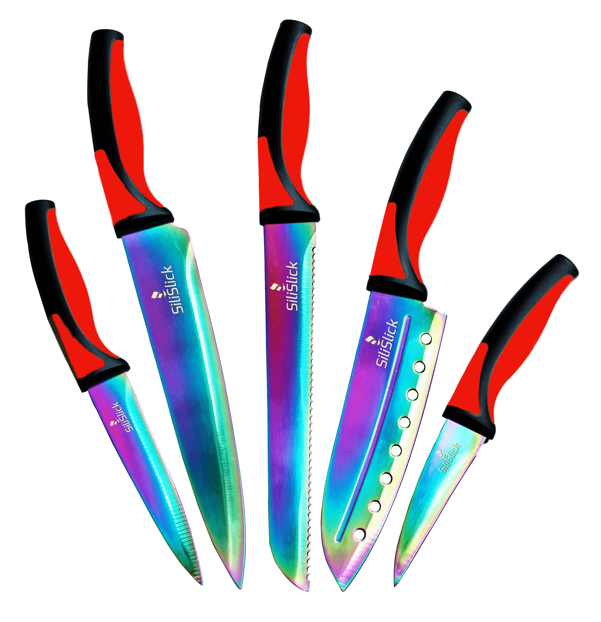 Colorful kitchen knife set with titanium coated blades and red handles for food prep