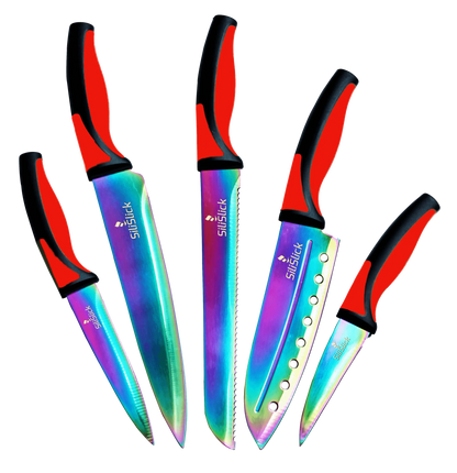 Colorful kitchen knife set with titanium coated blades and red handles for food prep