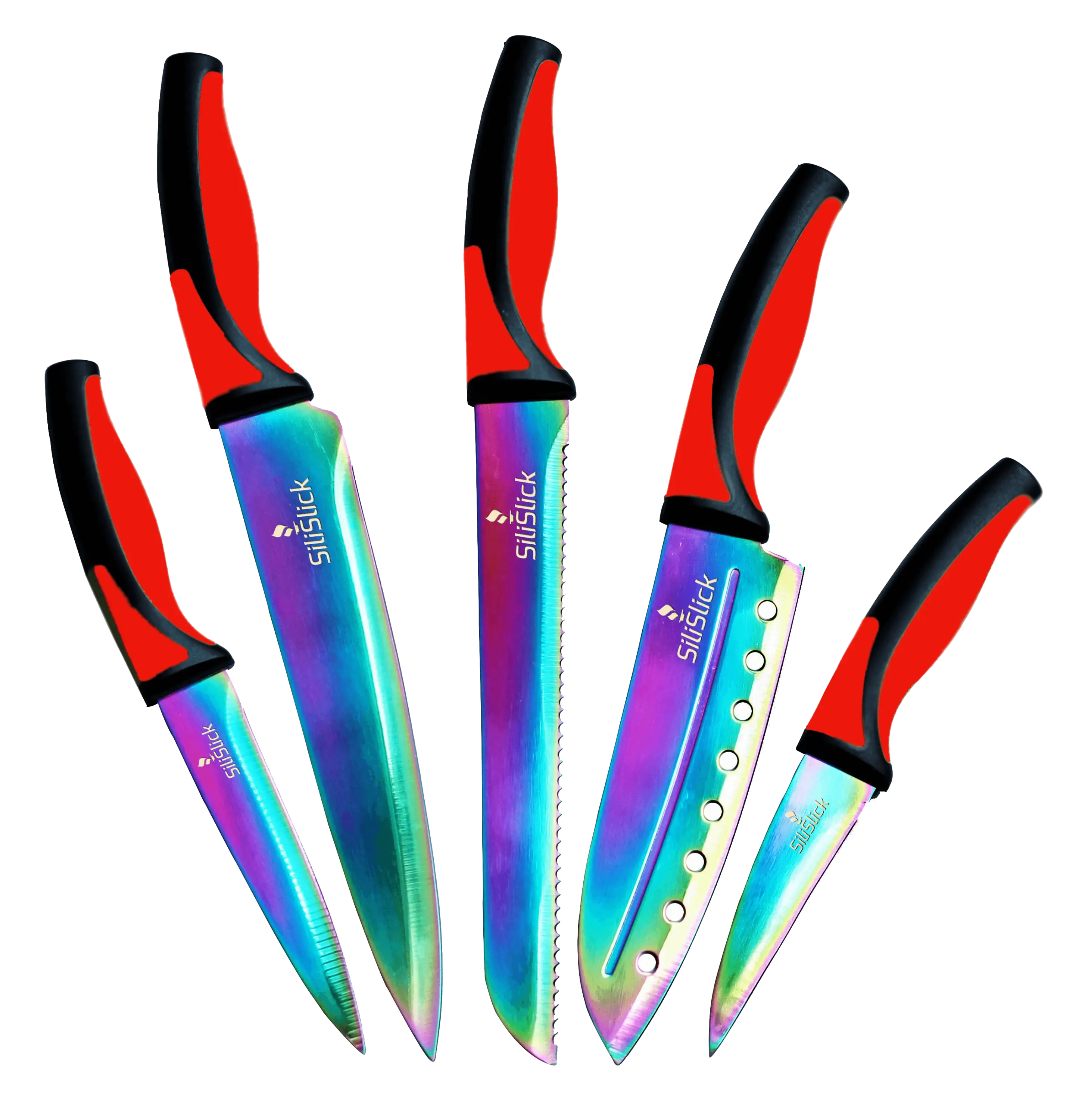 Colorful iridescent kitchen knife set with red handles and titanium coated blades