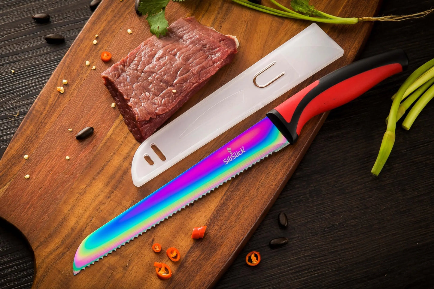 Multicolor serrated knife from Kitchen Knife Set with titanium coated blades and red handles